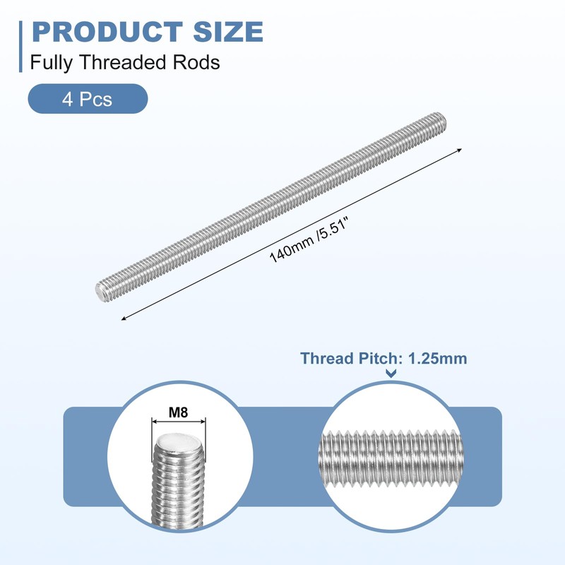 sourcing map 4Pcs M8-1.25x140mm Fully Threaded Rods, Threaded Rods Bar