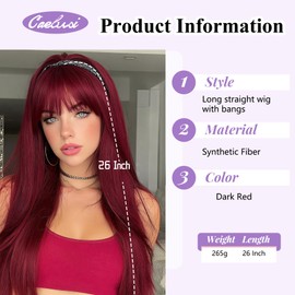 Red Wig for Women Long Straight Dark Red Wigs with Bangs 26 Inch Burgundy Wig Synthetic Wine Red Wigs Layered Straight Colored Cosplay Wigs Natural Red Hair Wig for Girls Daily Party Costume Use