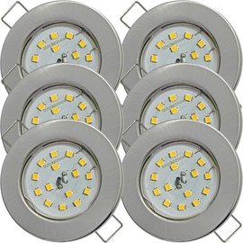 Set of 6 Flat SMD LED Module Recessed Spotlights, Brushed Stainless Steel, 5 W, 230 V, Rigid, Clamping Ring, LED Spotlights for the Ceiling with Little Installation Depth, Living Room, Kitchen,
