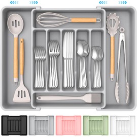 ukeetap Extra Large Expandable Silverware Organizer, BPA-Free Food-Safe Cutlery Flatware Organizer, Kitchen Utensil Drawer Organizer, Adjustable Silverware Holder for Spoons Forks Knives, Gray