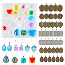 LPZNUYVC Pendant Trays Making Kit, Resin Jewelry Molds Cabochon Gems Resin Molds with 40 PCS Metal Trays for Pendant Crafting DIY Gifts