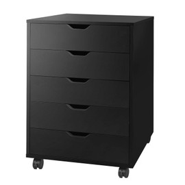 DEVAISE 5-Drawer Chest, Wood Storage Dresser Cabinet with Wheels, Black