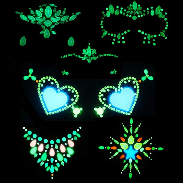 6Sets Noctilucent Face Gems Blacklight Body Stickers Glow in The Dark Lumino Face Jewels Fluorescent face Tattoo Crystals Rhinestone Sticker Body Jewelry Party Accessories for Halloween