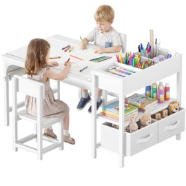 BOLUO Kids Art Table and Chair Set, Toddler Craft Table with Storage Drawers, Play Desk for Kids, Children Activity Learning Center, White