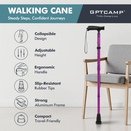 GPTCAMP Walking Cane for Men & Women,T-Grip Handle Adjustable Canes | Collapsible & Folding Design, Anti-Slip Pivot Tip, Lightweight Durable Walking Sticks for Seniors & Adults（Purple）