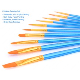 YOUSHARES 10 Pcs Flat Art Paint Brush Set, Professional Paintbrushes Nylon Hair Artist for Watercolor, Oil, Acrylic Paint/Craft, Nail, Face Painting (Blue)