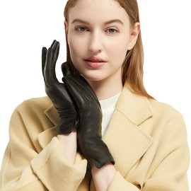 NOVBJECT Leather Gloves Winter Women's Touchscreen Lambskin Elegant Cashmere Lined Warm Outdoor Driving Gloves, black