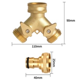Garden Hose Splitter, 3/4 Inch 2 Way Brass Tap Y Valve Hose Connector with Individual On/Off and 2PCS 3/4 Inch Quick Connector for Home Kitchen Garden Watering