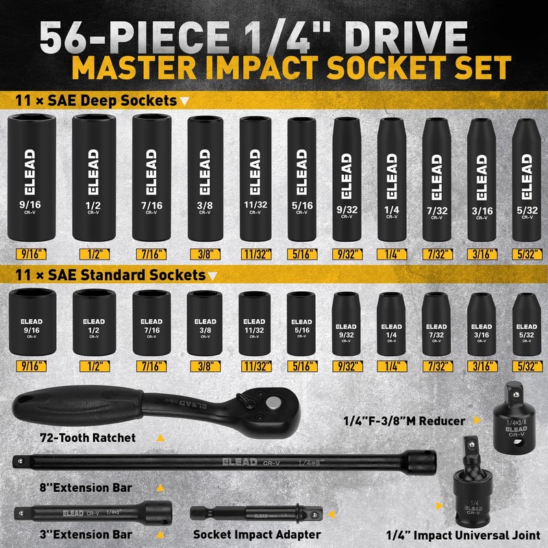ELEAD 1/4" Drive Impact Socket Set, 56-Piece Standard SAE (5/32