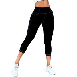 VOOVEEYA Curvy Womens Leggings, High Waisted Yoga Pants with Back Pockets, Tummy Control - Buttery Soft - Stretchy(Capri Black L)
