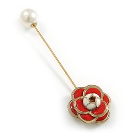 Vintage Inspired Red/White Enamel Rose Flower with Pearl Bead Lapel, Hat, Suit, Tuxedo, Collar, Scarf, Coat Stick Brooch Pin In Gold Tone Metal - 85mm