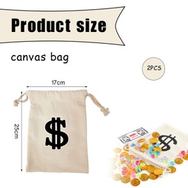 Pack of 2 money bags, one bag full of money, money bag, gift, bank bag, coin bag, dollar sign, drawstring, fabric bag, for accessories, clothing, fancy dress, robber costume, thief costume children