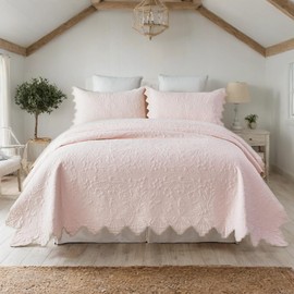 Brandream Quilt Set Cotton Twin Size Light Pink Farmhouse Bedding Matelasse Coverlet Set Oversized Bedspreads Twin XL Scalloped Edge Quilts 2-Piece