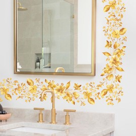 Golden Floral Vine Wall Decals, Iris Leaves Flowers Wall Stickers Vinyl Peel and Stick Wall Decal Self Adhesive Wall Art Sticker for Bedroom Office Sofa Backdrop Wall Home Decor (W6.3 * L23.6 in/pc)