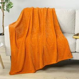 PAVILIA Super Soft Fleece Throw Blanket Twin Fall, Fuzzy Plush Flannel Throw, Warm Cozy Ribbed Microfiber Blanket for Sofa Couch Bed, Lightweight Striped Blanket, Orange, 60x80