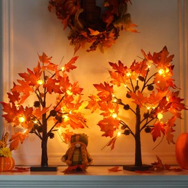 YEAHOME Fall Decorations for Home, 2 Pack 24”/2FT Lighted Fall Maple Leaves Tree with Warm White LEDs Autumn Decor, Pumpkin Lampshade, Pine Cone, Acorn Ornaments Battery Powered Timer for Thanksgiving