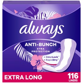 Always Always Anti-Bunch Xtra Protection Daily Liners, Extra Long Length, Unscented, Feel Clean and Comfortable, 116 Count