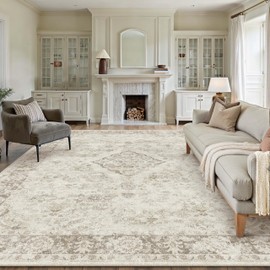 PureCozy 8x10 Area Rug Beige Washable Living Room Bedroom Carpet Vintage Distressed Large Non Slip Low Pile Thin Dining Room Office Medallion Accent Throw Rug