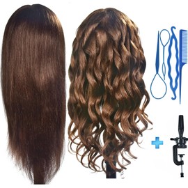 Mannequin Head 20 - 22 Inches Female 85% Real Hair Hairdresser Cosmetology Mannequin Training Head Hair Doll Head with Table Clamp Holder