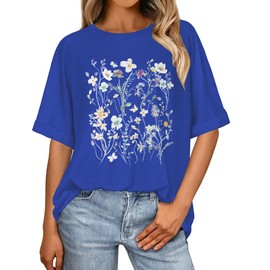 Oversized Tshirts for Women Summer Short Sleeve Casual Basic Tee Tops Loose Fit Shirts, Blue Colorful Flowers, XL