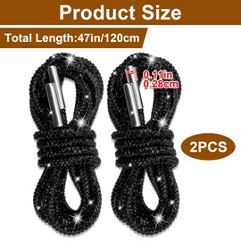 Lekgavd 2PCS Rhinestone Glitter Shoelace Ropes, 47" Shiny Crystal Replacement Hoodie Strings, Sparkly Bling Round Drawstring Cords for Sneakers, Sweatpants, Bags - Black