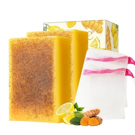 Kurkuma Seife - Kojic Acid Soap - Lemon Turmeric Soap - 2 Stück Kernseife Natur für Gesicht und Körper - Curcuma Seife Stück - Aufhellend & Antioxidativ Naturseife Frauen - Mit Praktische Seifenbeutel
