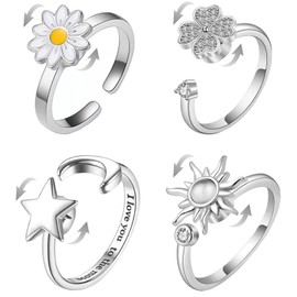 BUKEQILA Spinner Fidget Ring, Anti-Stress Mood Ring, 4 Pieces, Spinning Calm Ring, Adhs Ring, Rotating Daisy, Clover, Sun, Stars, Moon Ring, Anti-Stress Gifts for Men and Women, Steel
