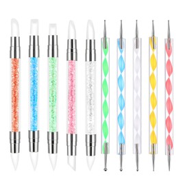 10 PCS Double Ended Brush and Dotting Tool Kit, Acrylic Nail Dotting Pen, Nail Art Sculpture Pens, Rhinestone Handle Double-Ended Silicone Nail-Art Pens, Nails Arts Gel Carving Pen for Nails DIY