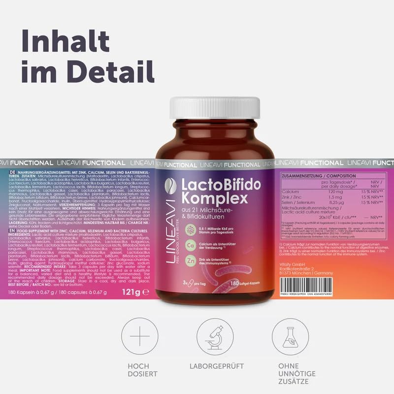 LINEAVI LactoBifido Komplex, 180 Kapseln, Komplex aus 21 Milchsäure-& Bifidokulturen,