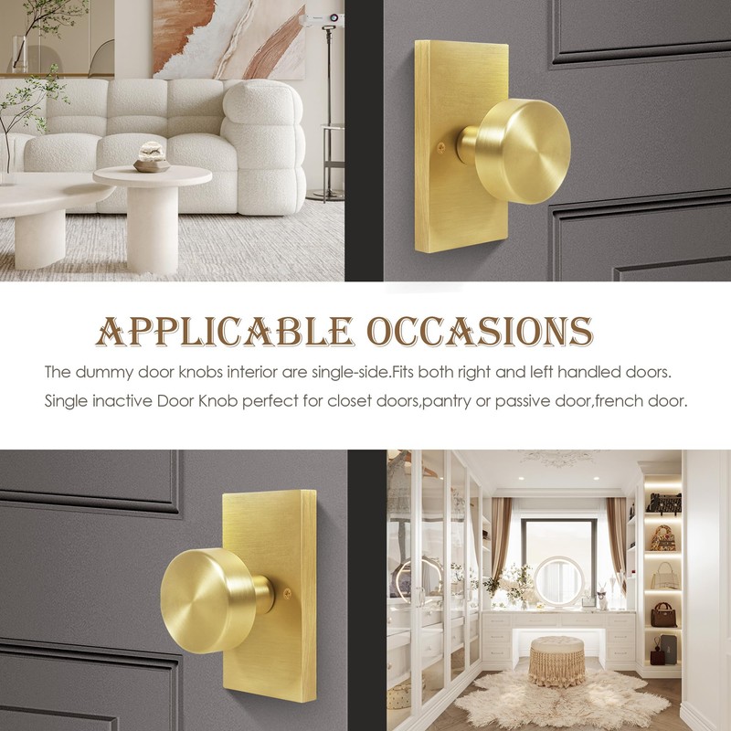 Newlaking Satin Brass Zinc Alloy Dummy Door Knob, Round Non-Locking
