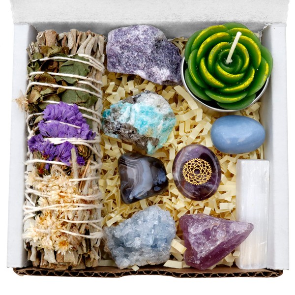 DANCING BEAR Healing Crystals (11 pc) Gift Set for Calm & Peace of Mind, Amazonite, Celestite, Angelite, California Sage, Butterfly Tattoo & Amethyst Crown Chakra Stone, Selenite, Anxiety Relief, Made in the USA