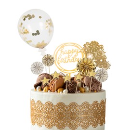 Beaface Beaface 13 PCS Birthday Cake Toppers Set, Gold Cake Decorations Happy Birthday Cake Topper, Sequins Balloon Paper Fans Stars Acrylic Cake Toppers for Birthday Party Cake Decor (Gold)