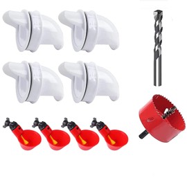 DIY Chicken Feeder No Waste, 4Pcs Automatic Poultry Feeder Port with 1 Stopper & Hole Saw and 4 Chicken Water Feeder cups, Automatic Rain-Proof and Rodent Proof Gravity Chicken Feeder Kits