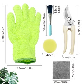 Microfiber Gloves for Plant Dusting, Gentle Leaf Shine, Plant Cleaning Gloves, Comes with a Garden Shear, a Cleaning Cloth, a Sponge Wipe, and Two Succulent Cleaning Brushes