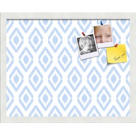 PinPix 19x15 inch Cork Bulletin Board. This Decorative Framed Pin Board Comes with Ikat Light Blue Design and Satin White Frame. Ideal for Home, Office Decor or School (PinPix-1633)