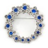 Rhodium Plated Clear/Sapphire Blue Crystal Wreath Brooch - 45mm