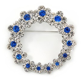 Rhodium Plated Clear/Sapphire Blue Crystal Wreath Brooch - 45mm