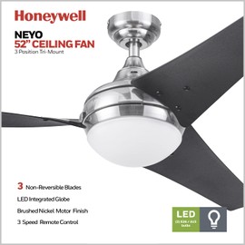 Honeywell Ceiling Fans Neyo, 52 Inch Contemporary Indoor LED Ceiling Fan with Light, Remote Control, Modern High Performance Blades, Reversible Motor Model- 51803 (Brushed Nickel)