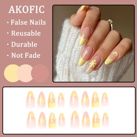 AKOFIC 24Pcs Almond False Nails Short, French Acrylic Press on Nails Designs, Full Cover Stick on Nails, Fake Nails with Jelly Glue for Women Girls Nail Art (Flower Yellow Nude)