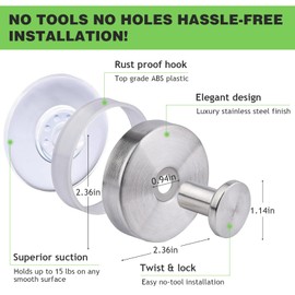 UgyDuky 3 Pcs Suction Hooks Heavy Duty, Luxe Hold No-Drill Hooks, Stainless Steel Waterproof Suction Cup Hooks for Shower, Silver Towel Hooks for Home Bathroom Kitchen, Wall Mount (Silver)