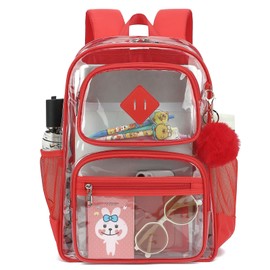 Lroiutian Heavy Duty Clear Backpack for Girls Boys Transparent School Bookbag Kids Durable PVC See Through Backpack-Red