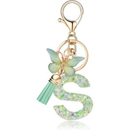 Frundoo Key Chain Letter Keyring Girl Keyring with Initial Letter Green Key Ring Butterfly Gifts for Women, Letter S