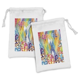 Ambesonne Mardi Gras Fabric Pouch Set of 2, Vibrant Joyful Celebration Composition Abstract Pattern Feathers Carnival, Small Drawstring Bag for Toiletries Masks and Favors, 9" x 6", Multicolor