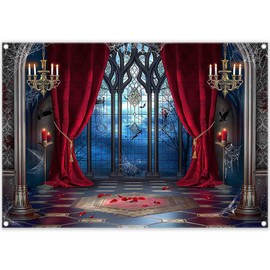 YCUCUEI 7x5ft Fabric Halloween Vampire Medieval Castle Backdrop Gothic Window Red Curtain Bats Photography Background Haunted House Party Decor Photo Props