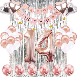14th Birthday Decorations Rose Gold, Happy Birthday Banner, Number 14 Birthday Balloons, 14 Years Old Birthday Decoration Supplies