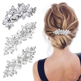 TRKETK 3 Pcs Rhinestone Hair Clips, Decoration Brooches Silver Wedding Hair Pins Pearl French Hairpins Crystal Flower Hair Barrettes Elegant Jewelry Hair Decorations for Brides Bridesmaids Girls