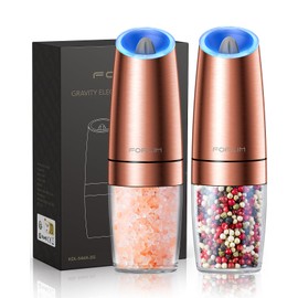FORLIM Gravity Electric Salt and Pepper Grinder Set, Upgraded 4 Battery Powered, Automatic Pepper Shakers Mill with LED Light, One Hand Operation Adjustable Coarseness, Stainless Steel （Golden)