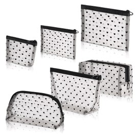 Ptenzor 6PCS Heart Shape Mesh Zipper Cosmetic Bags Set - Cute Travel Toiletry Organizer for Women & Girls, Portable Washable Makeup Pouches for Vacation Essentials