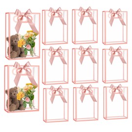 12 Pcs Clear PVC Gift Bag with Handles, Plastic Party Favor Bags with Ribbon,Reusable Transparent Bags for Wedding Bridal Baby Shower Birthday (Pink, 15 x 24 x 8 cm)