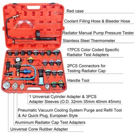 YSTOOL Radiator Pressure Tester Coolant Vacuum Refill Kit 33PCS Automotive Cooling System Leak Test Pneumatic Water Tank Purge Fill Tool Set with Gauge Adapter Cap Universal for Auto Car Airlift